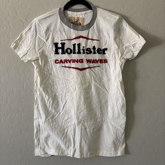Hollister Small White Gray Red Navy Short Sleeve Crew Neck T Shirt Torn Ripped - Picture 1 of 6